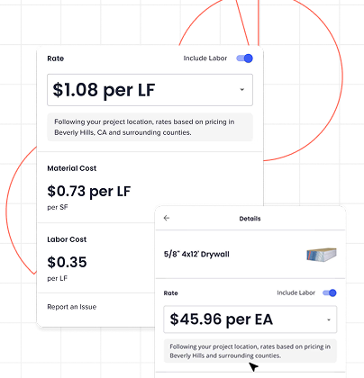 1build API pricing interface showing construction cost rates